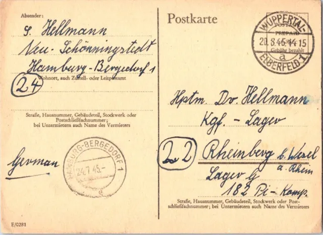 Germany 6pf Local Postal Card 1945 Hamburg-Bergedorf 1 via Wuppertal-Eberfeld 1