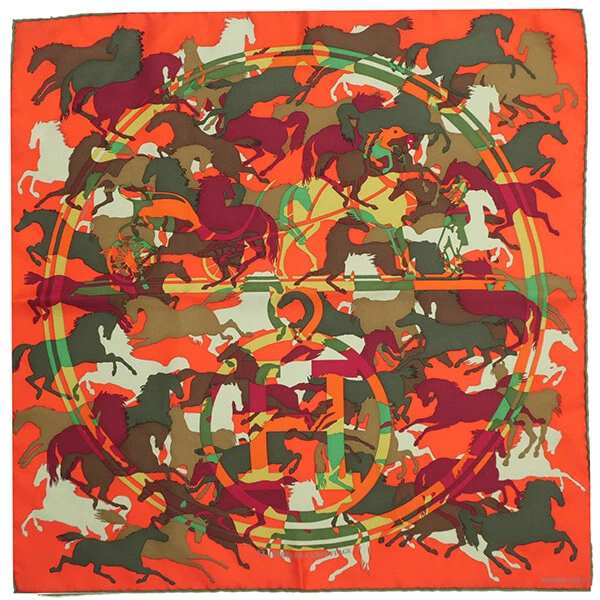 HERMES Carre 45 Scarf Silk Orange Green Multicolor Ex Libris En Camou