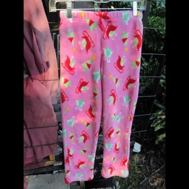 10/12 Fuzzy Pink Santa's Sleigh Presents Gifts Drawstring Pajama Pants Christmas