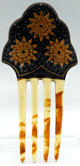 Vintage Celluloid Hair Comb Faux Tortoise Shell Rhinestones in Flower Design