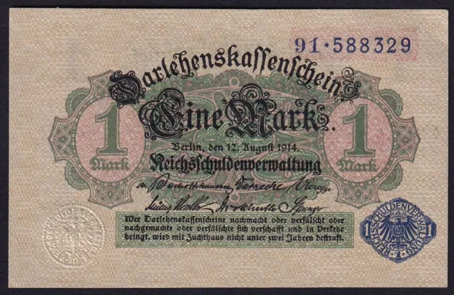 1914 1 Mark Germany Old Vintage Paper Money Banknote Antique Currency Note UNC