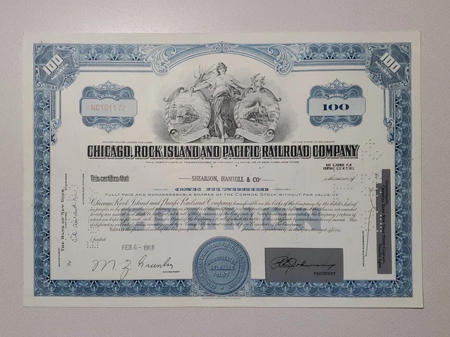 Chicago, Rock Island and Pacific Railroad Cancelled Stock Certificate