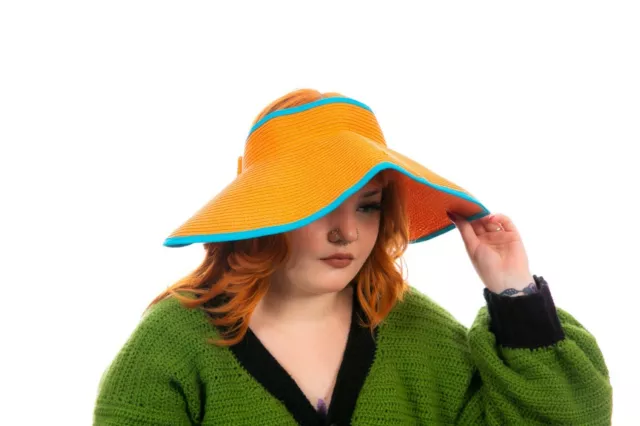 Cappello floppy vintage oversize arancione e blu topless tesa larga visiera solare