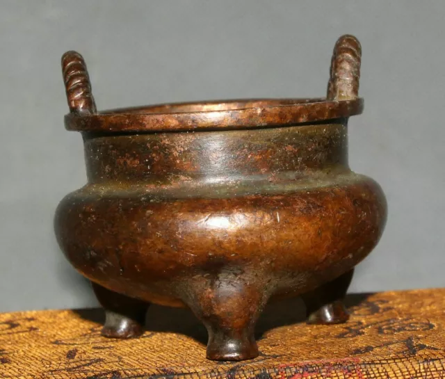 5CM Old China Xuande Marked Dynasty Bronze Temple 3 Leg Incense Burner Censer