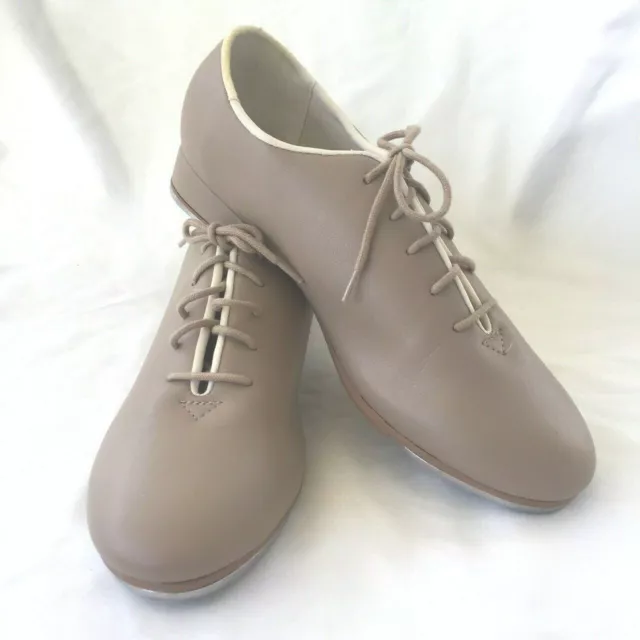 So Danca Size M 6-1/2 L Tap Dance Shoes lace up tan and cream made in Brazil