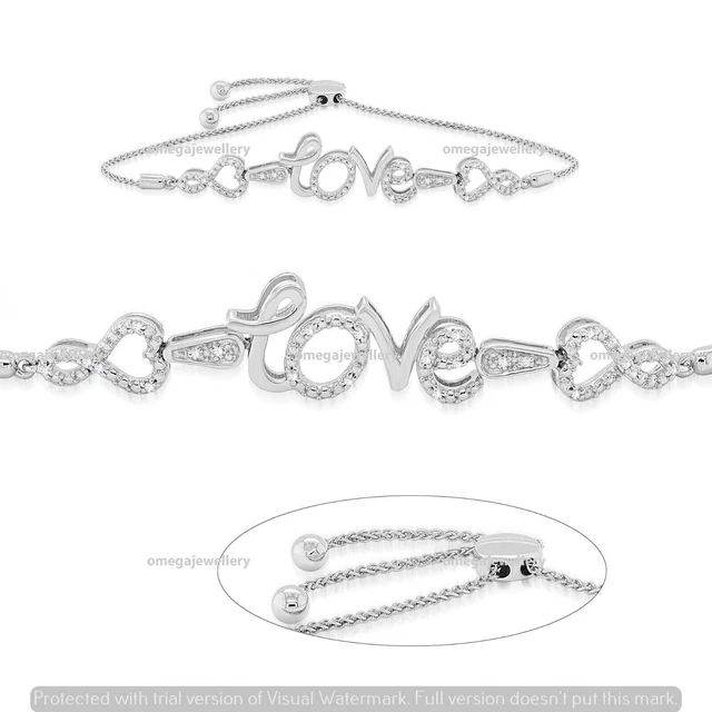 0.10 CT Round Cut Natural I2 J Diamond Love Bolo Bracelet 14k White Gold Over