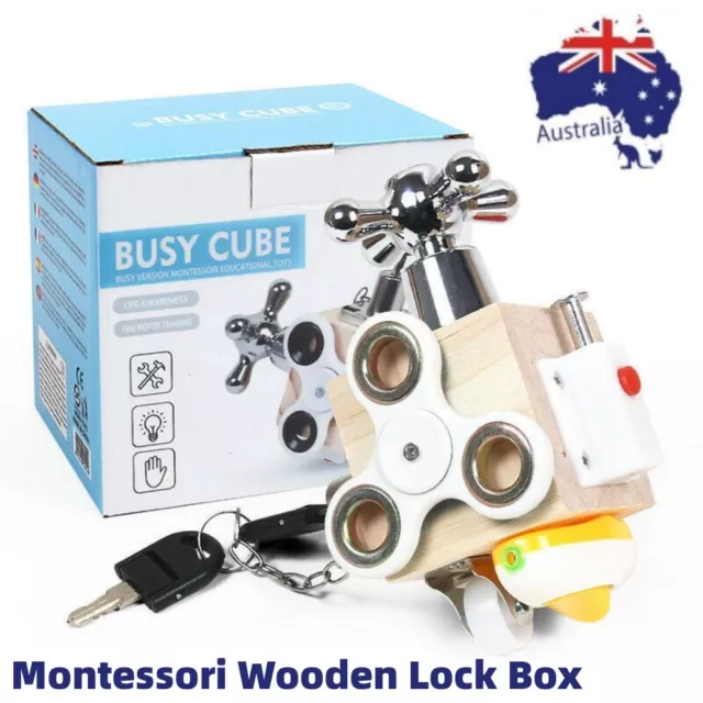 Montessori Wooden Lock Box Busy Board Activity Cubes Wooden Kids Educational Toy