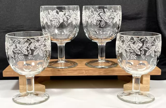 Vtg Bartlett Collins Grape Leaf Etched Thumbprint Glass Goblets 806 USA EX Set 4