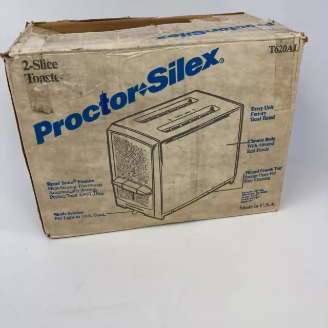 VTG 70s Proctor Silex T620AL Chrome & Almond 2 Slice Toaster EMPTY BOX SET PROP