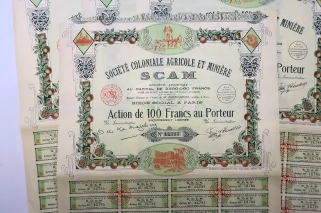 Societe Coloniale Agricole Et Miniere Action 100 Francs Paris 1938 X 4 Actions