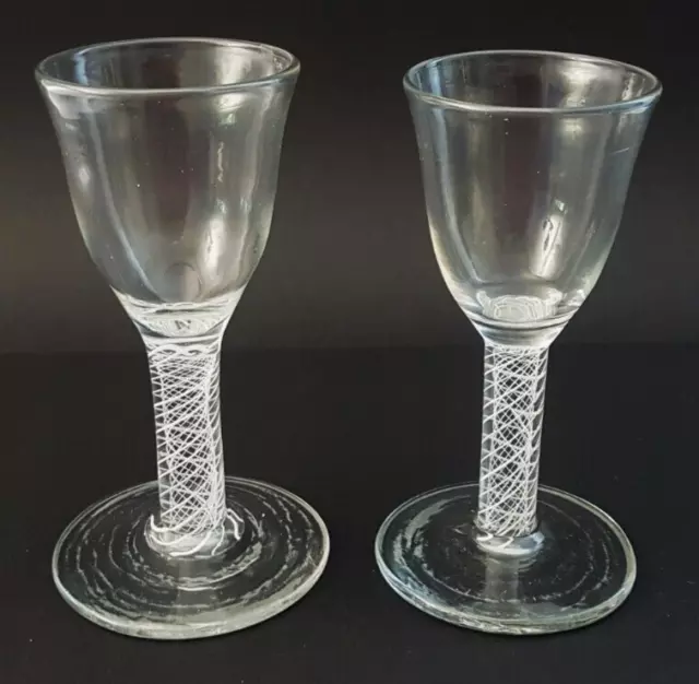 5: Pr Georgian 18th Century Double White Air Twist Cordial Glasses w Bell Bowls