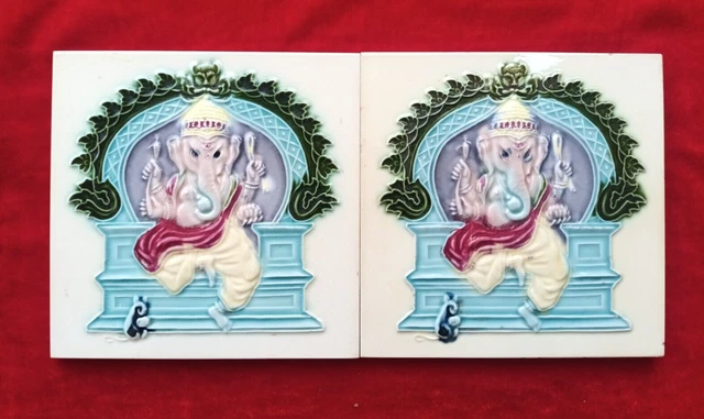 2 Pieces Old Art Deco God Ganesh Ji Design Majolica Ceramic Tiles Japan 0347