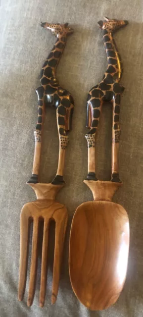 Hand Carved Wooden Giraffe Salad Servers Utensils