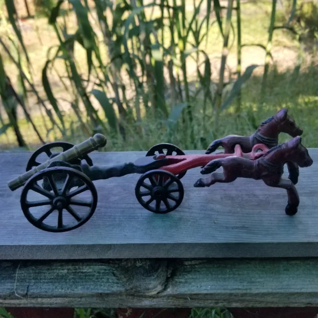 Vintage Cast Iron Horses Cart Pulling A Canon