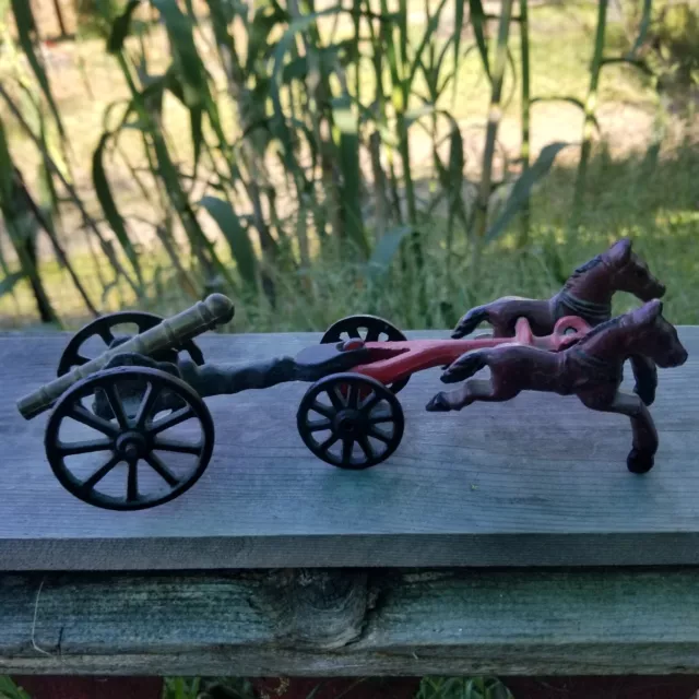 Vintage Cast Iron Horses Cart Pulling A Canon