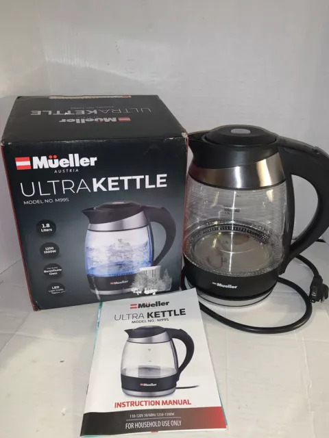 Mueller Ultra Kettle: Model No. M99S 1500W Electric Kettle with SpeedBoil Tech 1.8 Liter Cordless with LED Light Borosilicate Glass Auto Shut-Off
