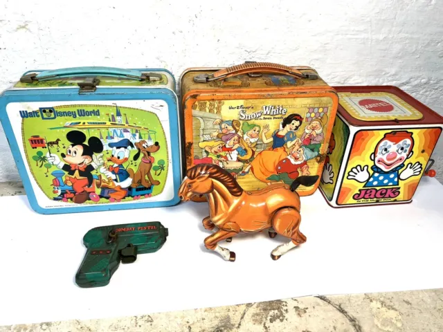 ✨LOT Of 5 Vintage Toys & Disney Lunch Boxes Jack Box Marx Pistol & Litho Horse✨