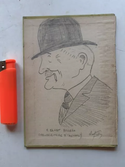 Dessin Portrait Caricature De Sacha Guitry M.ernest Ballero Collé Sur Carton  3