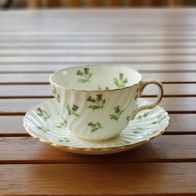 Aynsley Bone China Teacup &  Saucer Set / Purple Thistle / Made In England