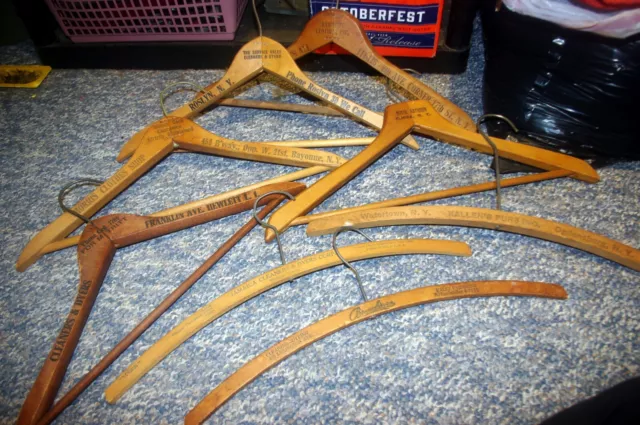 VINTAGE Hotel Store Cleaners Clothing Wooden Advertising Hangers NYC, LI UPSTATE