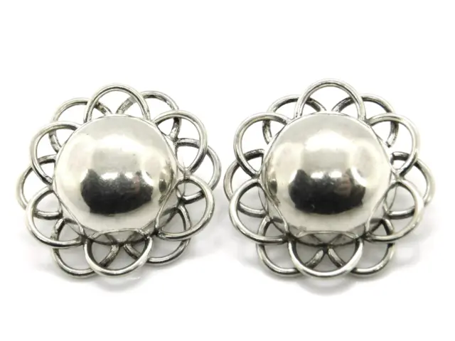 Taxco Mexico 925 Sterling Silver Round Flower Ball Dome Clip On Earrings