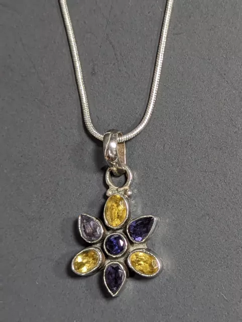 Sterling Silver Amethyst Citrine Flower Pendant 16" Snake Chain Necklace 925