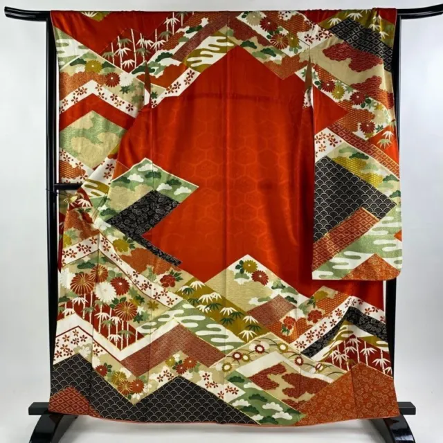 Japanese Kimono Furisode Pure Silk Lined Kimono Chrysanthemum Pine Bamboo Plum
