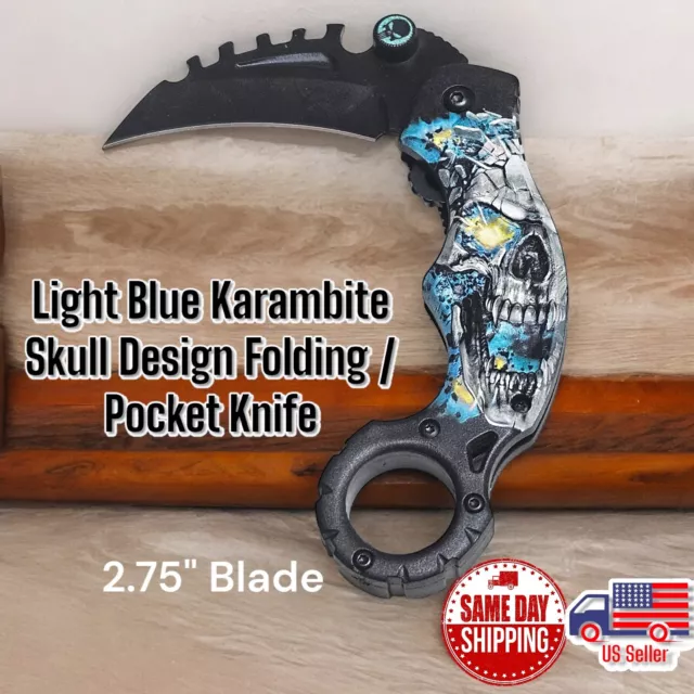 7.25" Light Blue Karambite Skull Assist Folding Knife Hunting Woodwork Camping