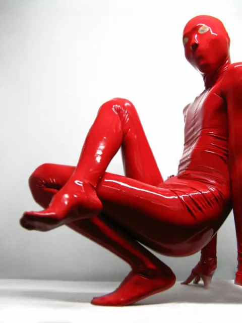 Collant catsuit con cappuccio 100% lattice gomma rosso tuta body Zentai uomo XXL