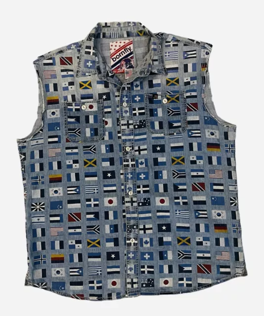 BORN FLY Mens 2XL Sleeveless World Flags Blue Denim Distressed Button Up Vest