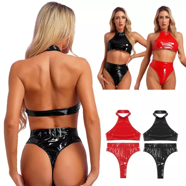 Women Patent Leather Sexy Lingerie Set Nightwear PVC Leather Clubwear Underwear