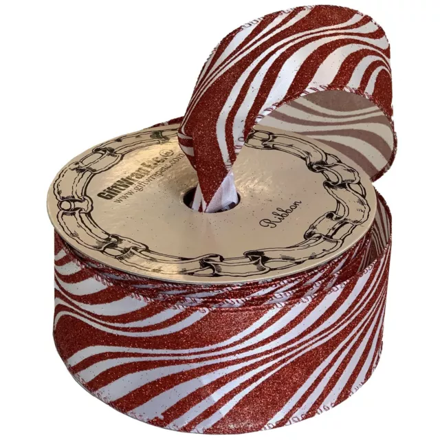 Red Glitter Striped Wired Ribbon - 2 1/2" x 25 Yards, Candy Cane, Christmas