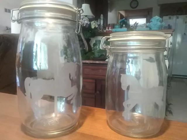 Pair LG FRENCH Etched Carousel Glass Canning Jars Canister Glass Jars 15L & 1L