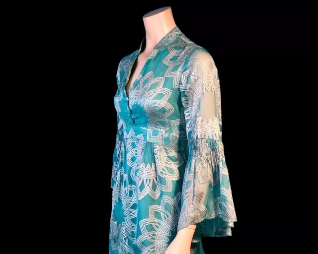 NANETTE LEPORE Bell Sleeve SILK Dusty Turquoise Blue & Silver Flocked Dress 6 3