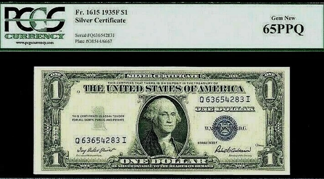 Fr.1615 $1.00 1935-F SILVER CERTIFICATE Q63654283I PCGS 65 PPQ GEM UNCIRULATED!!