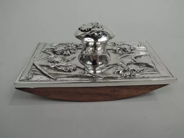 Antique Ink Blotter Meiji Art Nouveau Iris Flowers Desk Japanese Silver
