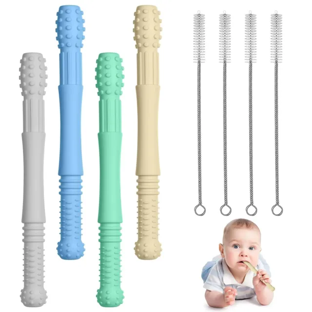 Beißring Baby 8-tlg. Set Baby Beißröhrchen Silikon, 4 Stück Reinigungsbürsten