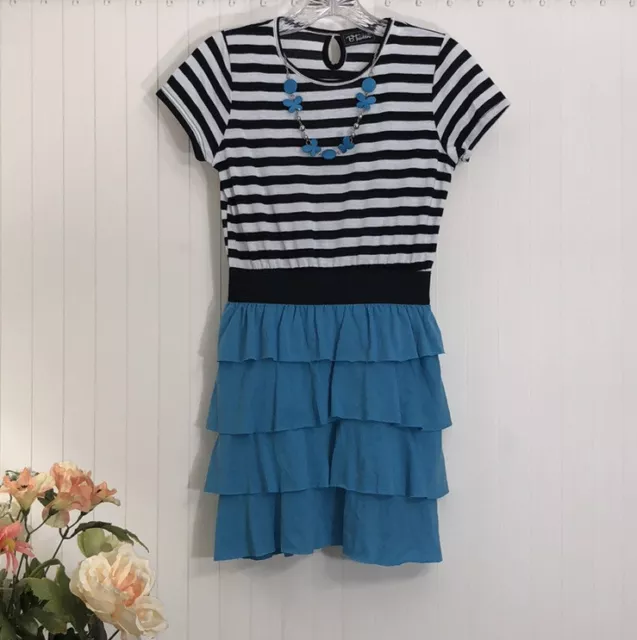 BTween Girl's Dress Ruffled, Tiered Skirt, Black & White Striped Top w/Necklace!