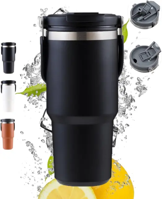 30Oz Black Tumbler Mug with Lid and Straw Insulated Travel Mug with Handle Doubl