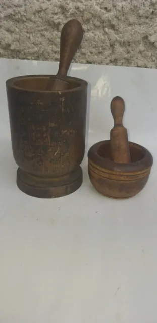 Lot Antique Primitive Old Wooden Cup Mortar And Pestle For Spices 3