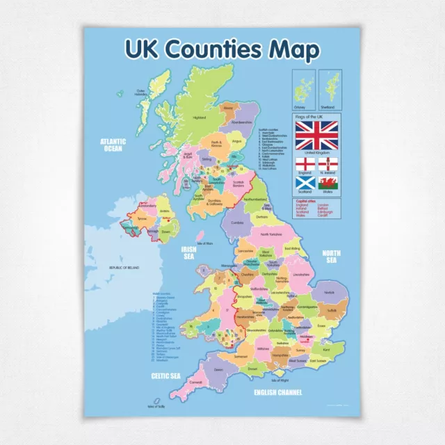 UK Counties Map Wall Laminated A3 Poster