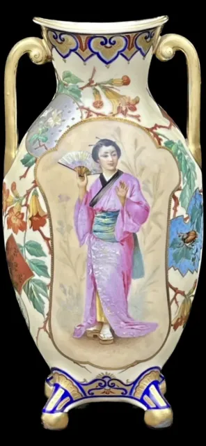 Hand Painted ￼Asian Oriental ￼Geisha Girl 1880’s Porcelain Vase Minton Limoges