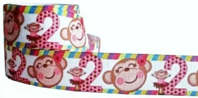 1" 2 YARDS Monkey Girl 2 Birthday Grosgrain Ribbon DIY Crafts Hair Bows Cards