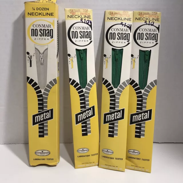 Conmar No Snag Vintage Zippers NOS 14 Inch Neckline METAL Emerald Green Lot of 3