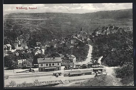 AK Wildberg / Schwarzwald, Teilansicht mit Bahnhof und Straßenpartie 1942