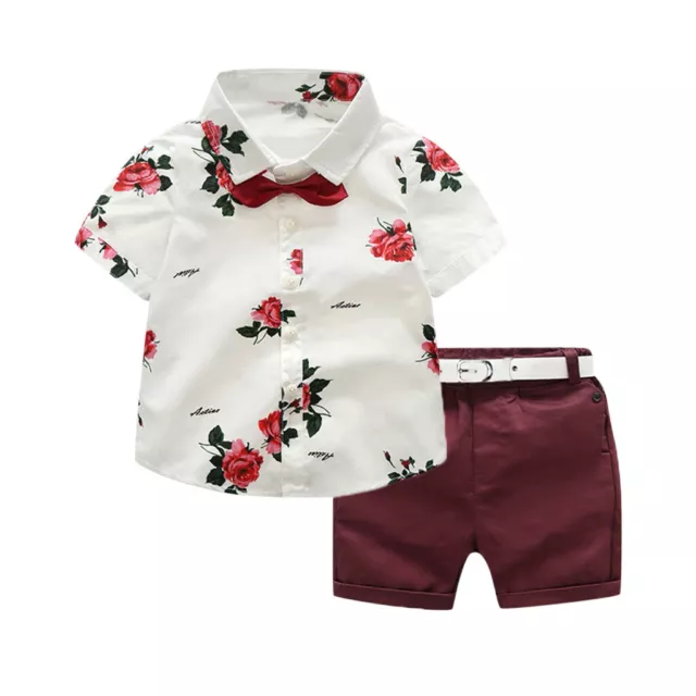 Toddler Baby Boy Gentleman Suit Rose Bow Tie T-Shirt Shorts Pants Outfit Set