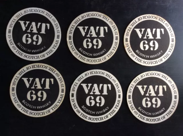 6 x  VAT 69 SCOTCH WHISKY Coasters 1970,s  Australian  Issue Round A 2