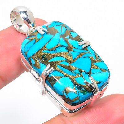 Copper Blue Turquoise Gemstone 925 Sterling Silver Jewelry Pendant 1.81"