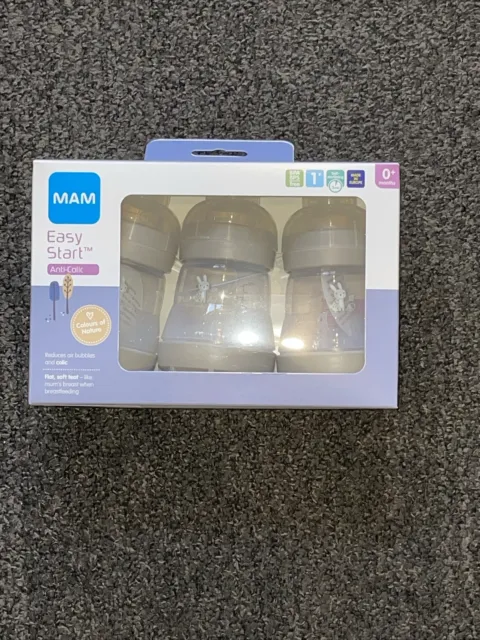 3 botellas anticólicos recién nacidos MAM 160 ml fácil de iniciar autoesterilizantes niño, niña,