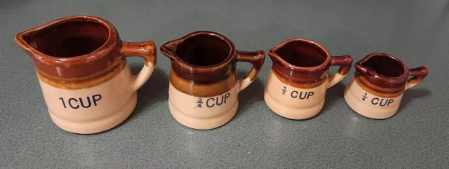 Vintage Set Of 4 Measuring Cups Stoneware Pottery Brown Tones Mini Jugs Pitchers